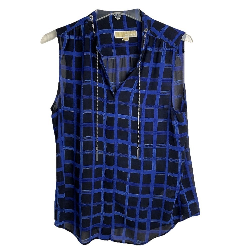 Michael Kors‎ Size 10 Sleeveless Chain Neck Tie blue Blouse Top Sheer Lined work